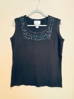 Susan Graver Black Knit Tank Top with Sequin Neckline, Size L